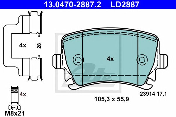 Купить ATE 13047028872 Колодки торм.зад. CERAMIC AUDI A3/A4/A6/VW Golf V 10/03->, Touran 2/03->, SKODA Octavia 6/04->